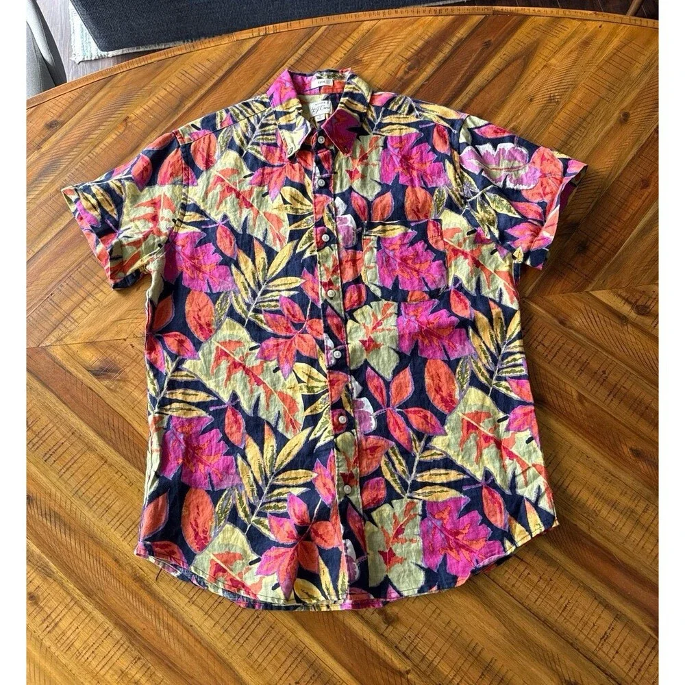 J.Crew 100% Linen Floral Tropical Shirt Men’s M Slim Fit Pink Orange Yellow